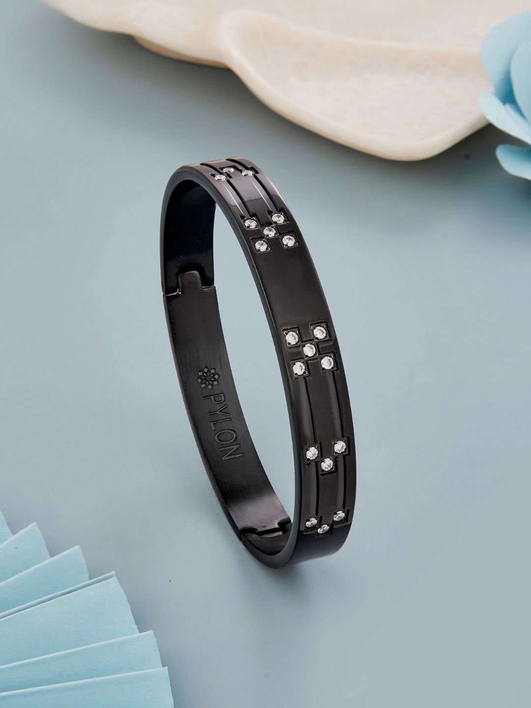 

PYLON Men American Diamond Kada Bracelet, Black