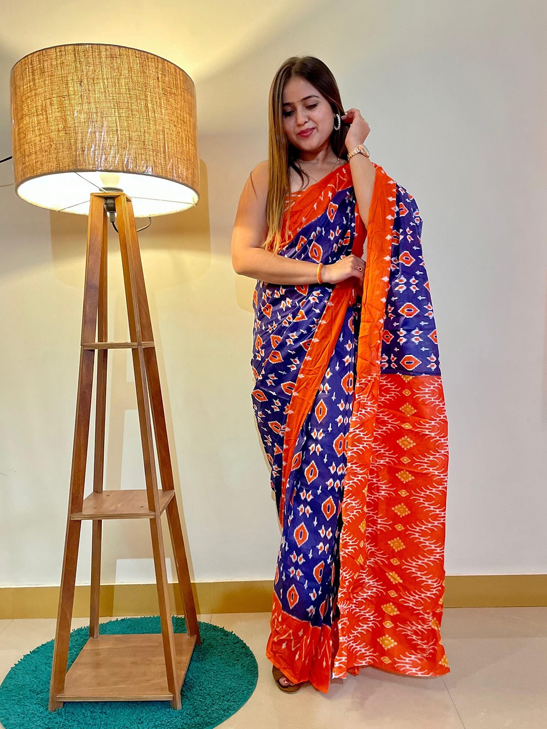

HERE&NOW Pure Cotton Bagru Saree, Navy blue