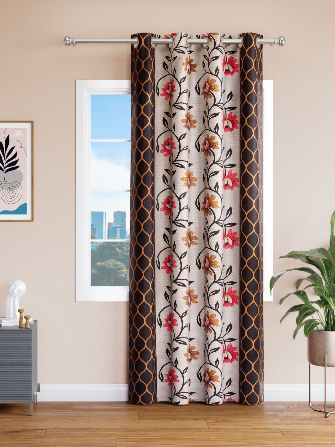 

Aura Coffee Brown & Red Floral Door Curtain
