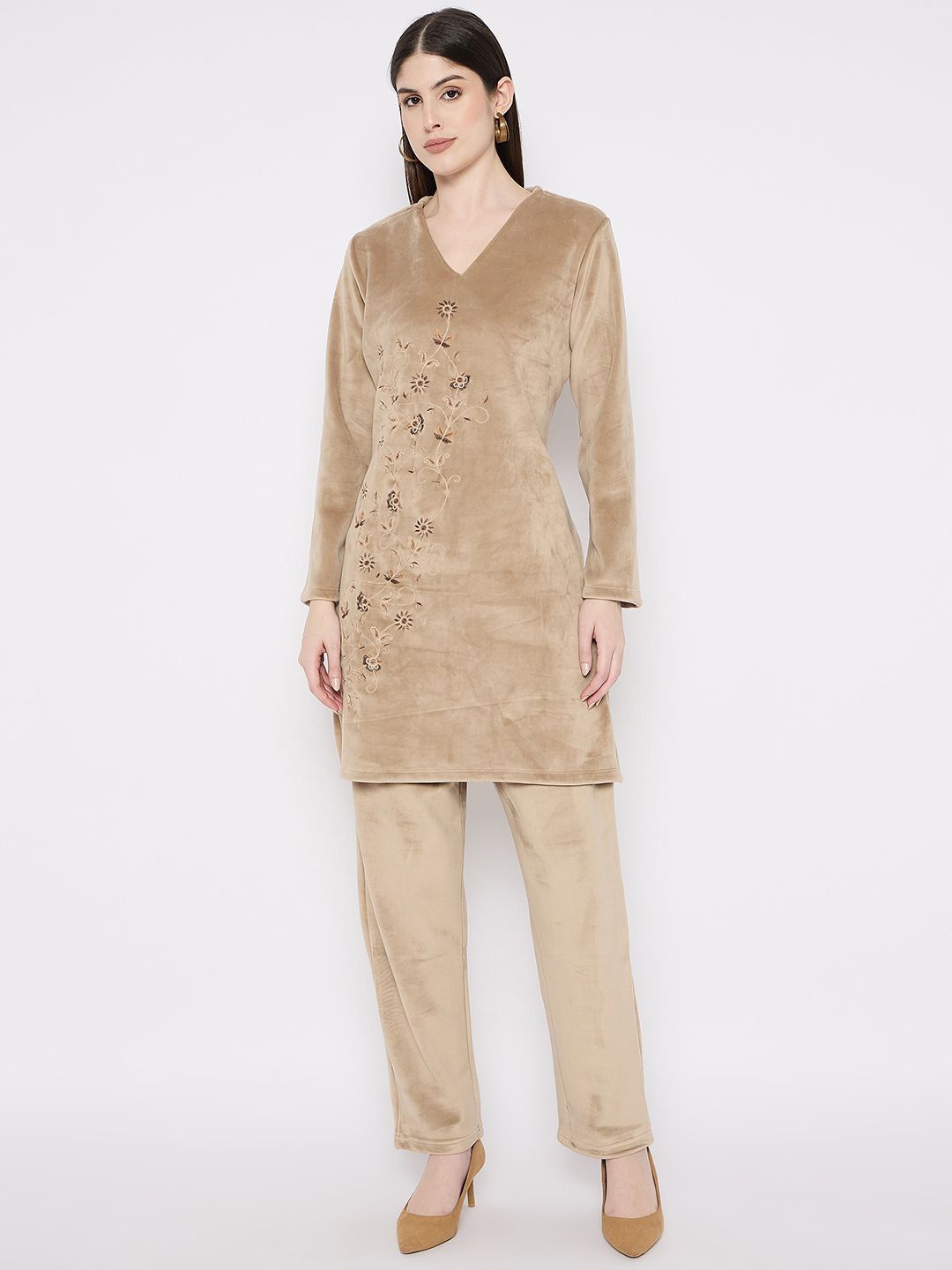 

Camey Embroidered Velvet Top With Trousers Co-Ords, Beige