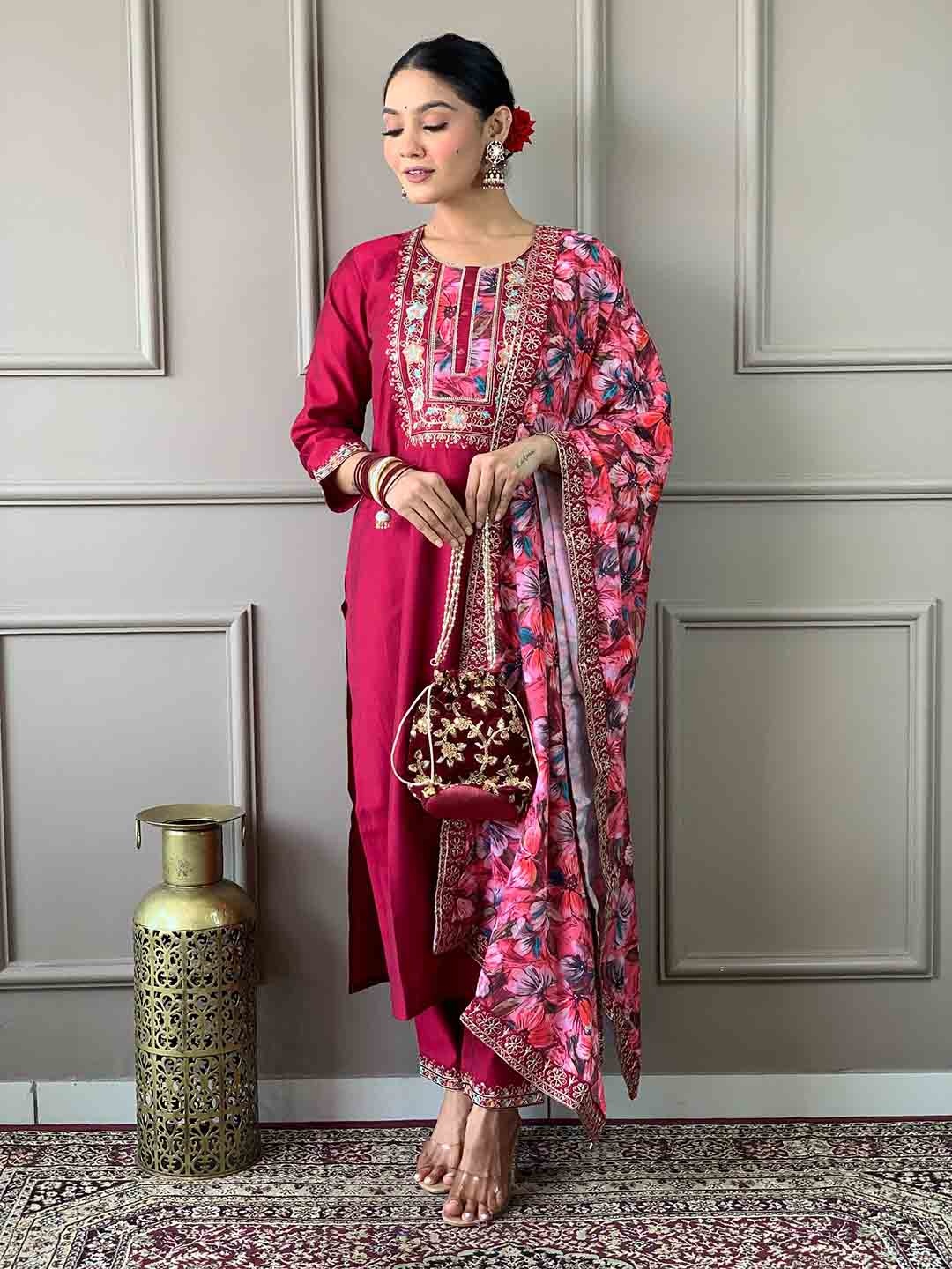 

KALINI Floral Embroidered Regular Sequinned Chanderi Silk Straight Kurta with Trousers, Pink