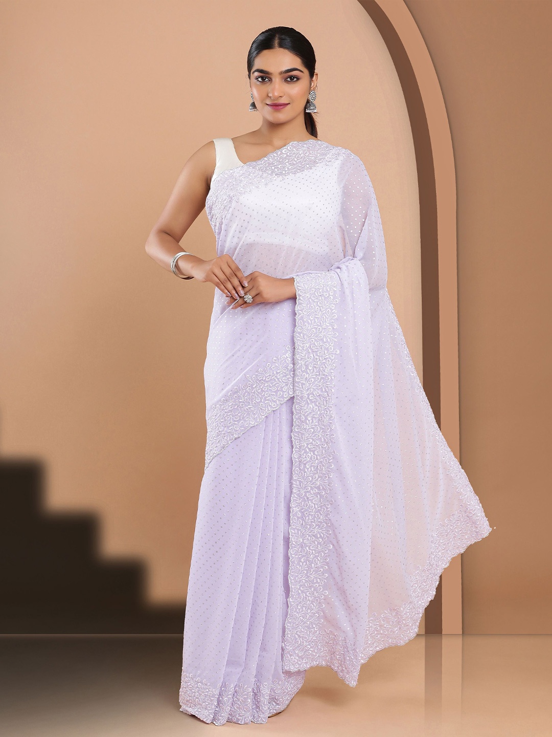 

Kalyan Silks Embellished Embroidered Poly Georgette Jamdani Saree, Lavender