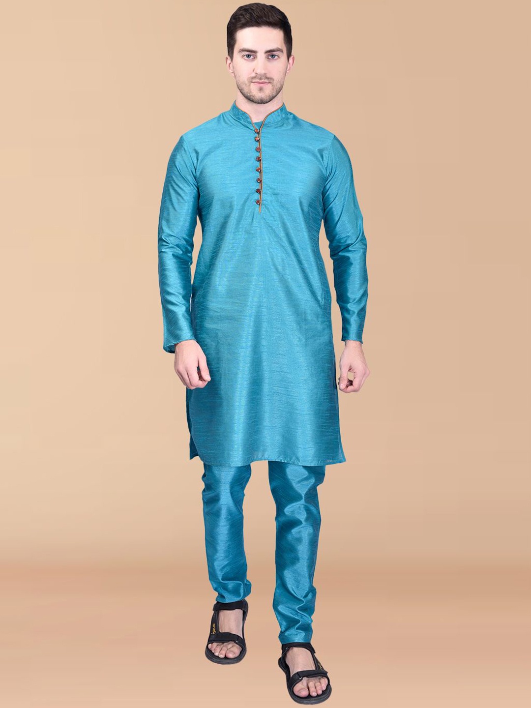 

PRINTINDIA Men Regular Pure Silk Kurta with Churidar, Blue