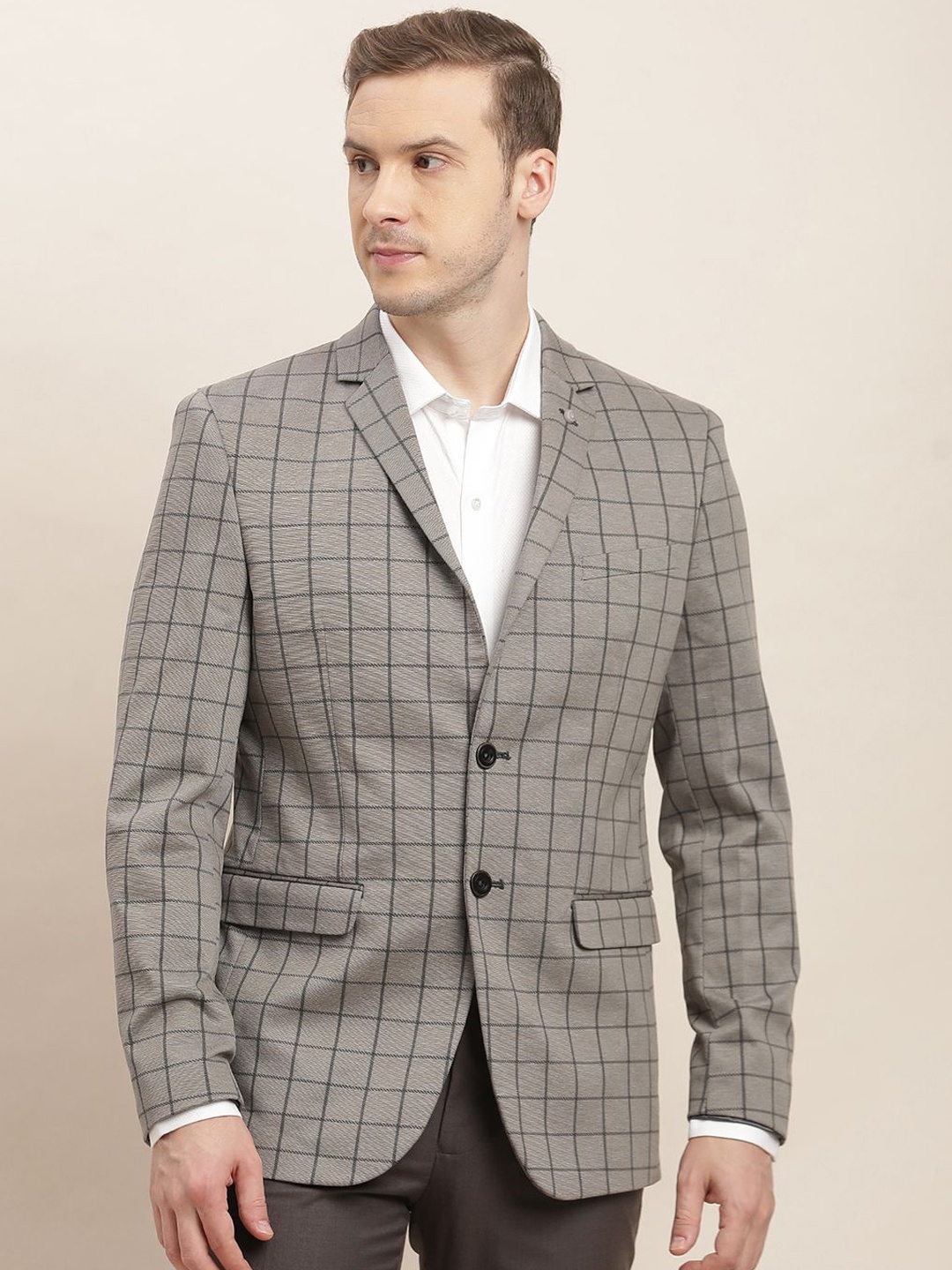 

Turtle Checked Notched Lapel Knitted Single Breasted Blazer, Grey