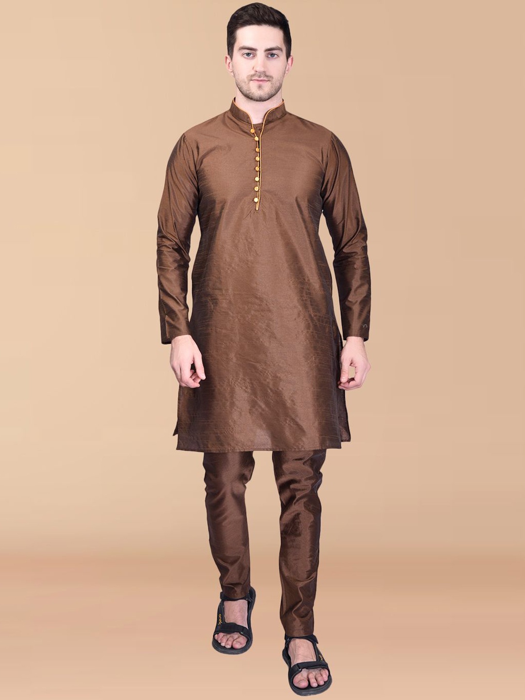 

PRINTINDIA Men Regular Pure Silk Kurta with Trousers, Brown