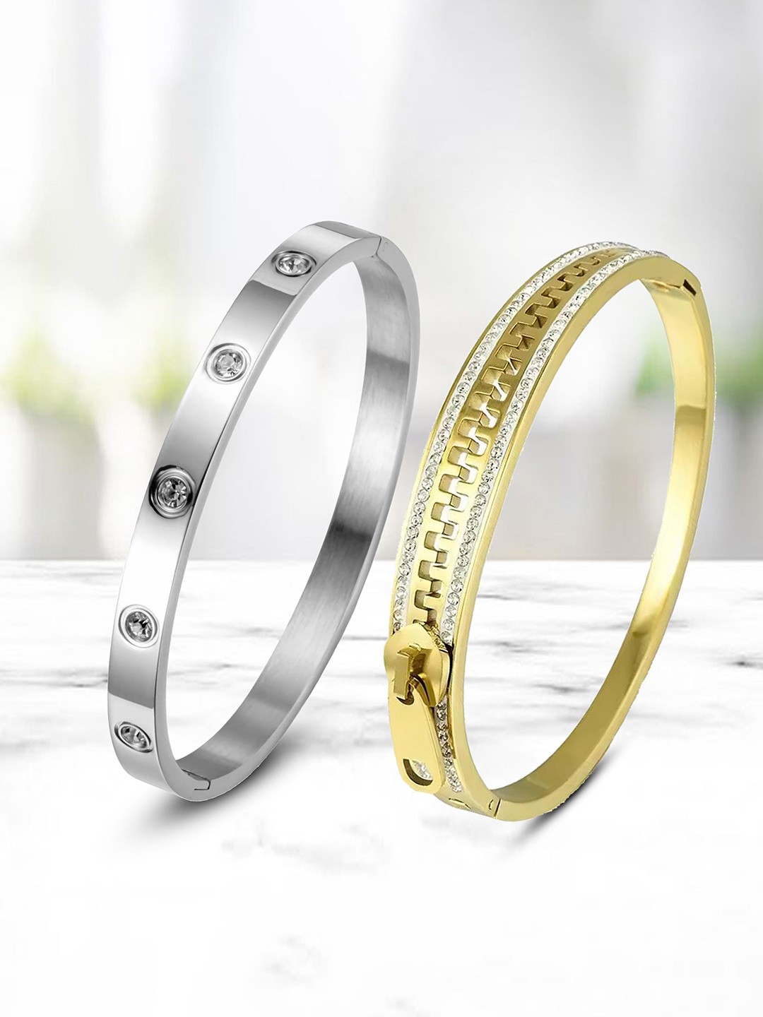 

MEENAZ Set Of 2 Silver-Plated Stainless Steel American Diamond Studded Kada Bracelets