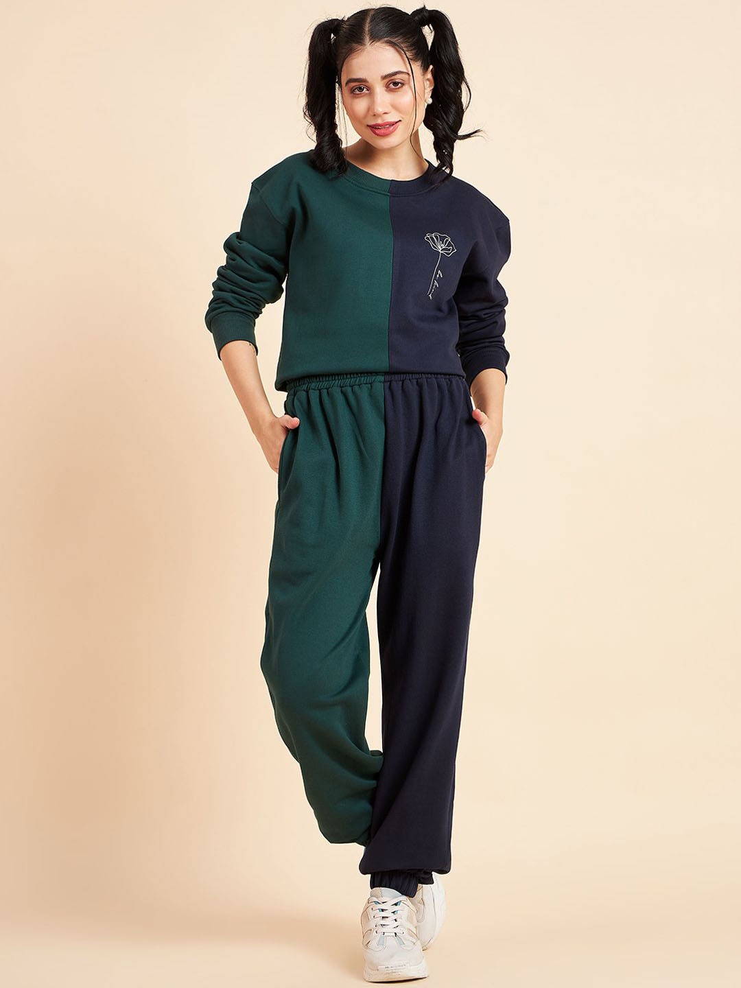 

Fabway Clothing Colourblocked Round Neck Cotton Fleece Sweatshirt With Joggers, Navy blue