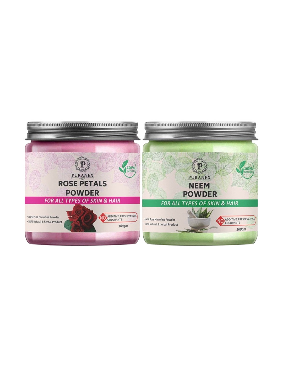 

Puranex Set Of 2 Rose Petals & Neem Powder - 100 gm Each, White
