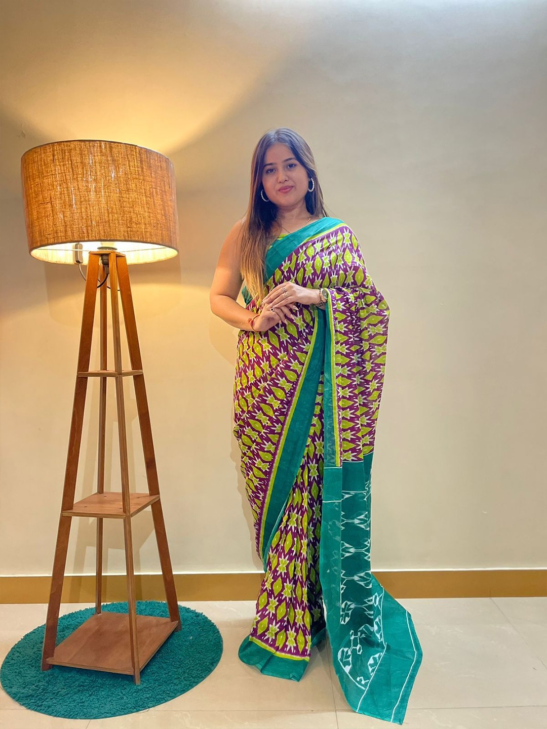 

HERE&NOW Pure Cotton Bagru Saree, Green