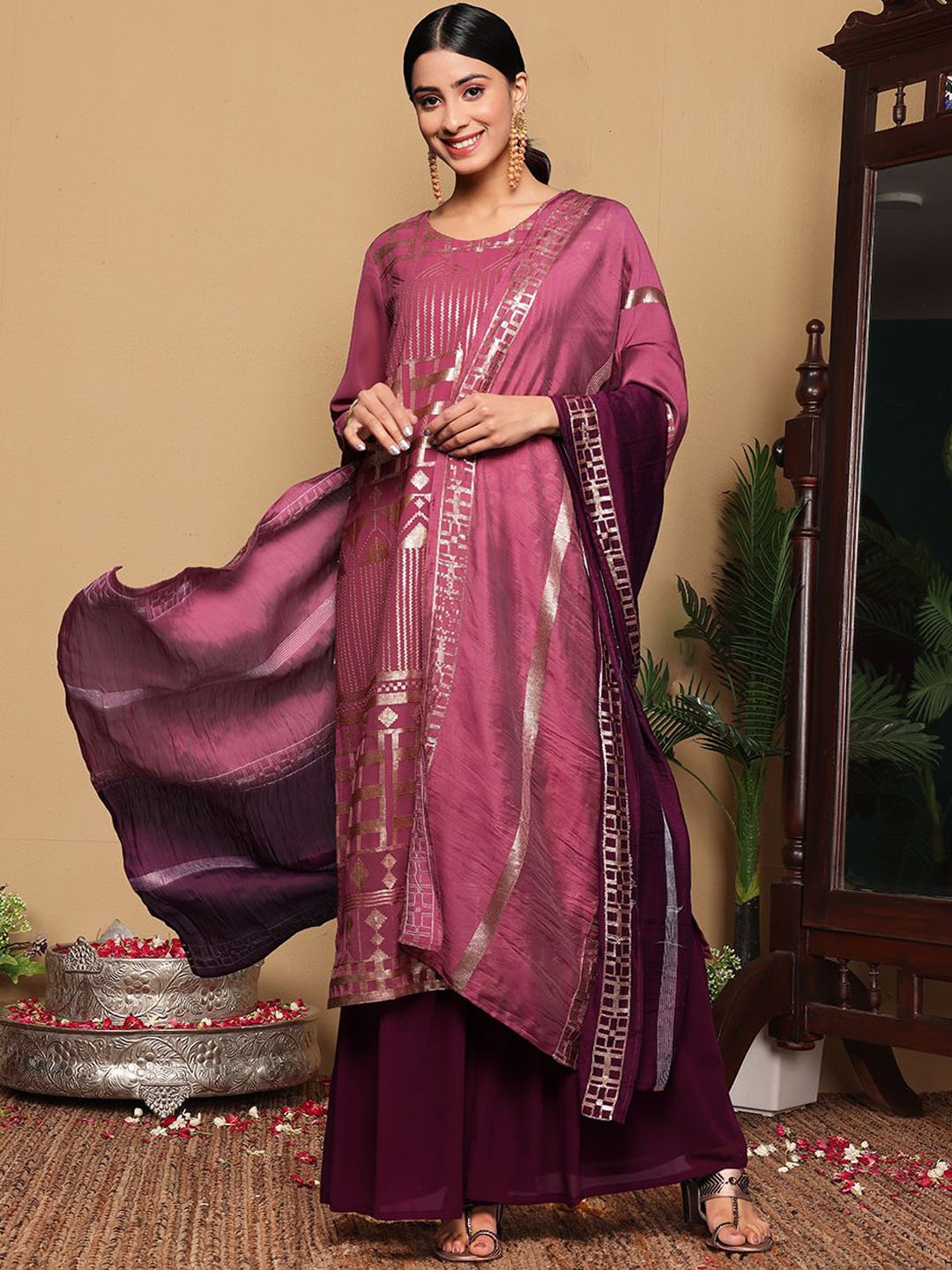 

Varanga Women Embroidered Regular Sequinned Kurta with Sharara & With Dupatta, Burgundy