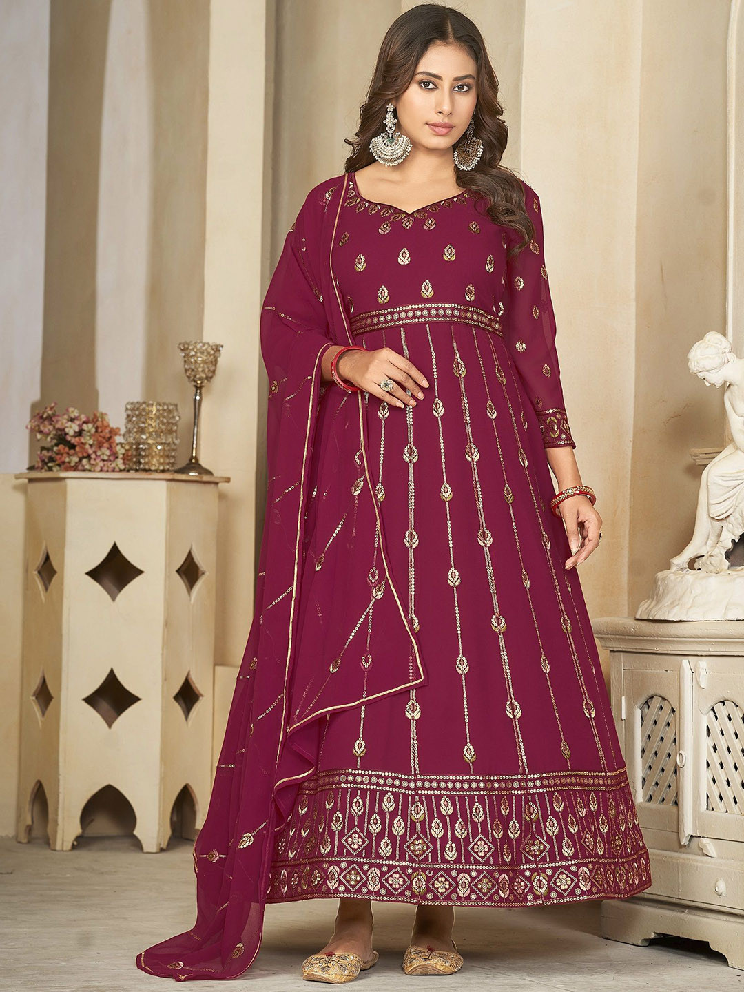 

Warthy Ent Floral Embroidered Sequinned Georgette Semi-Stitched Dress Material, Pink