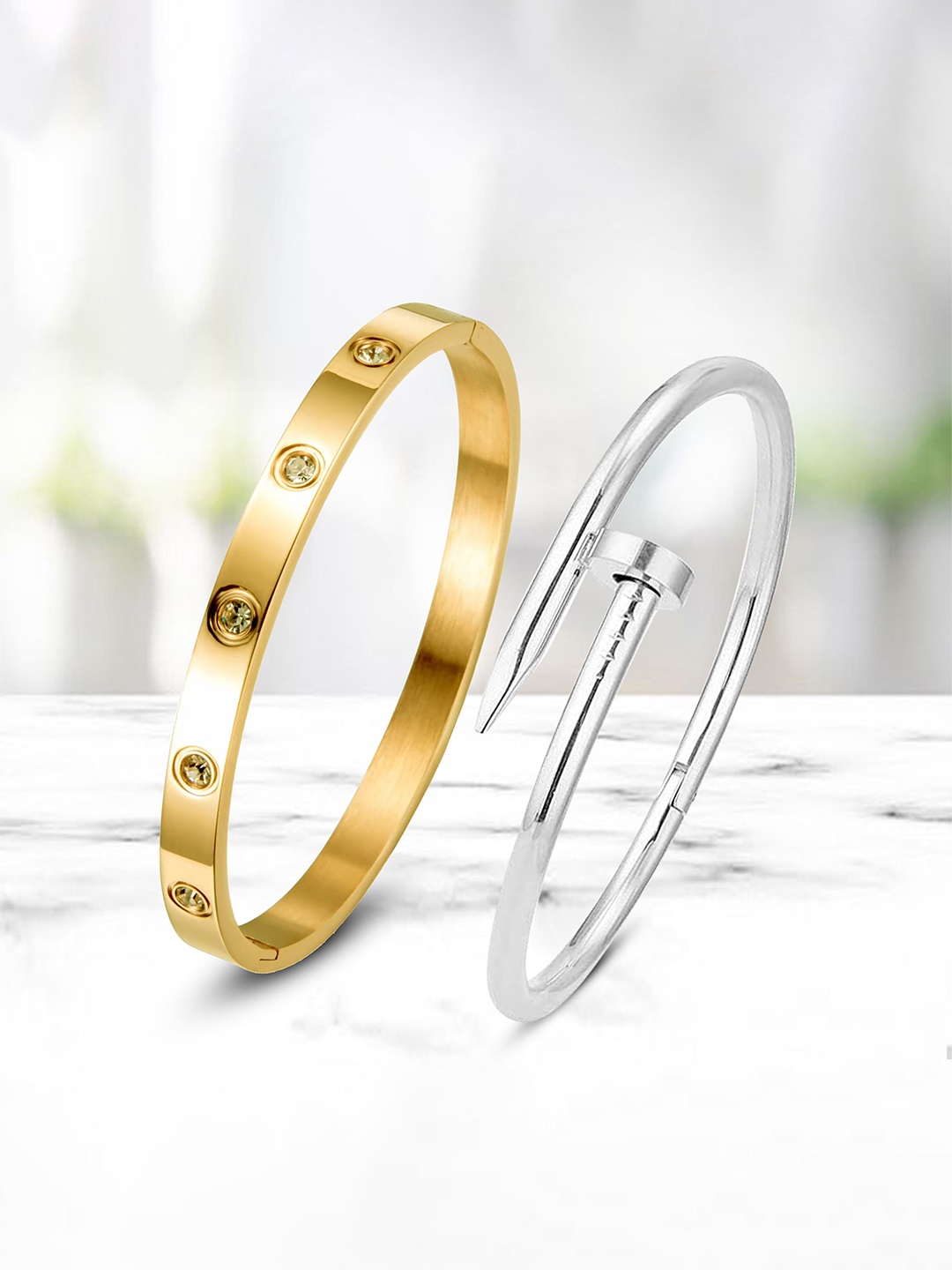

MEENAZ Set Of 2 Gold-Plated AD Studded Stainless Steel Anti Tarnish Kada Bracelet