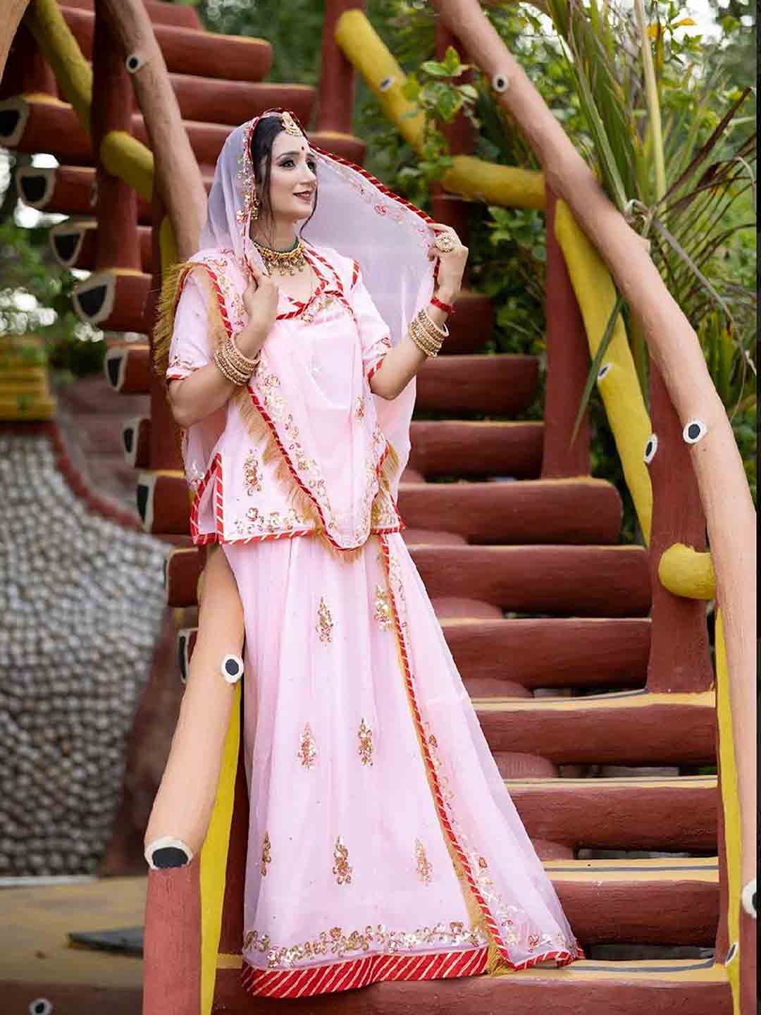 

KALIYAN Embroidered Zari Work Ready to Wear Lehenga & Blouse With Dupatta, Peach