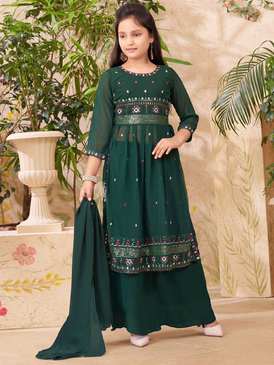 

Sangria Girls Green Floral Embroidered Georgette Straight Kurta & Sharara With Dupatta