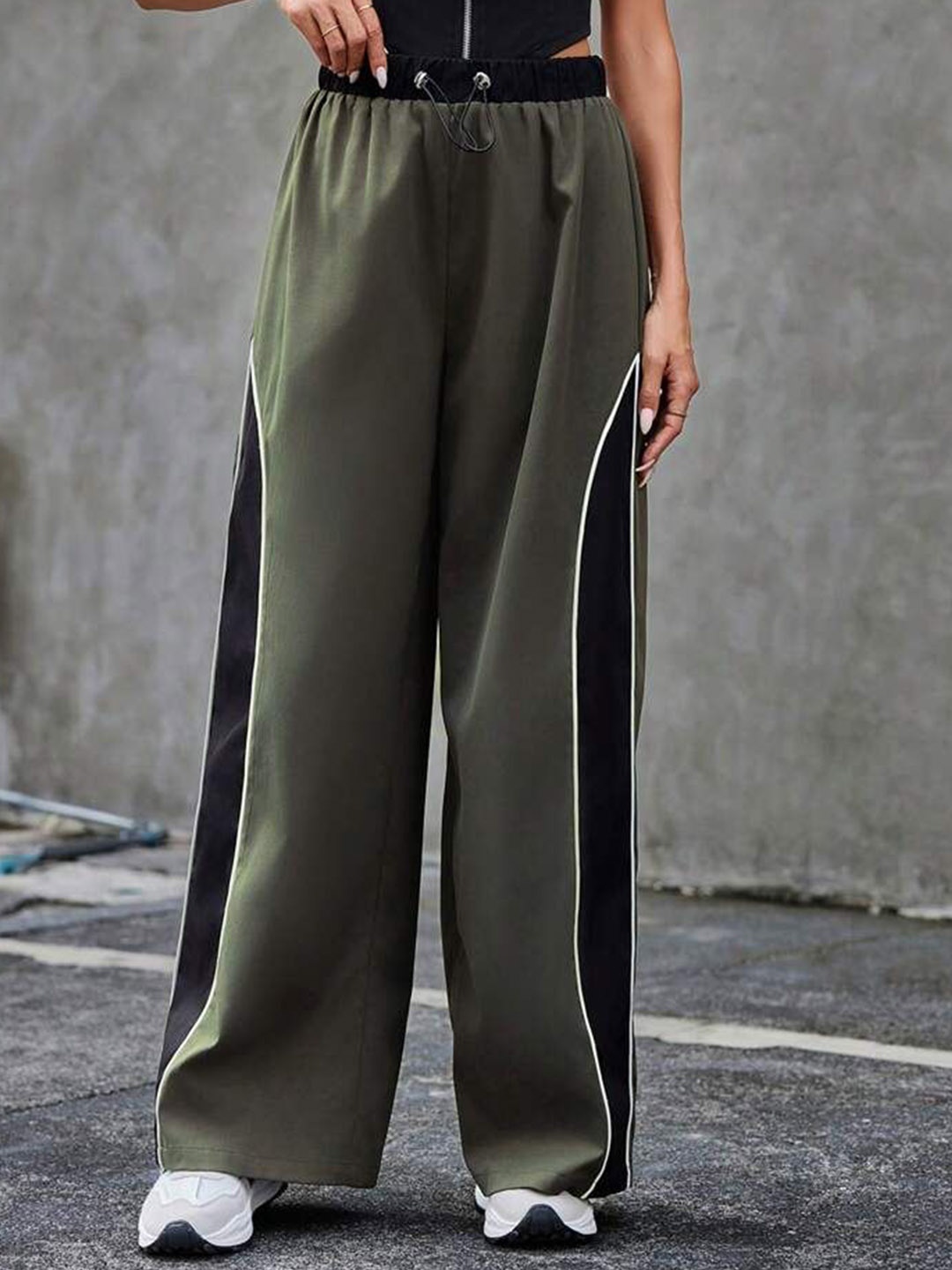

SAAHASAM Women Striped Relaxed Loose Fit Trousers, Olive