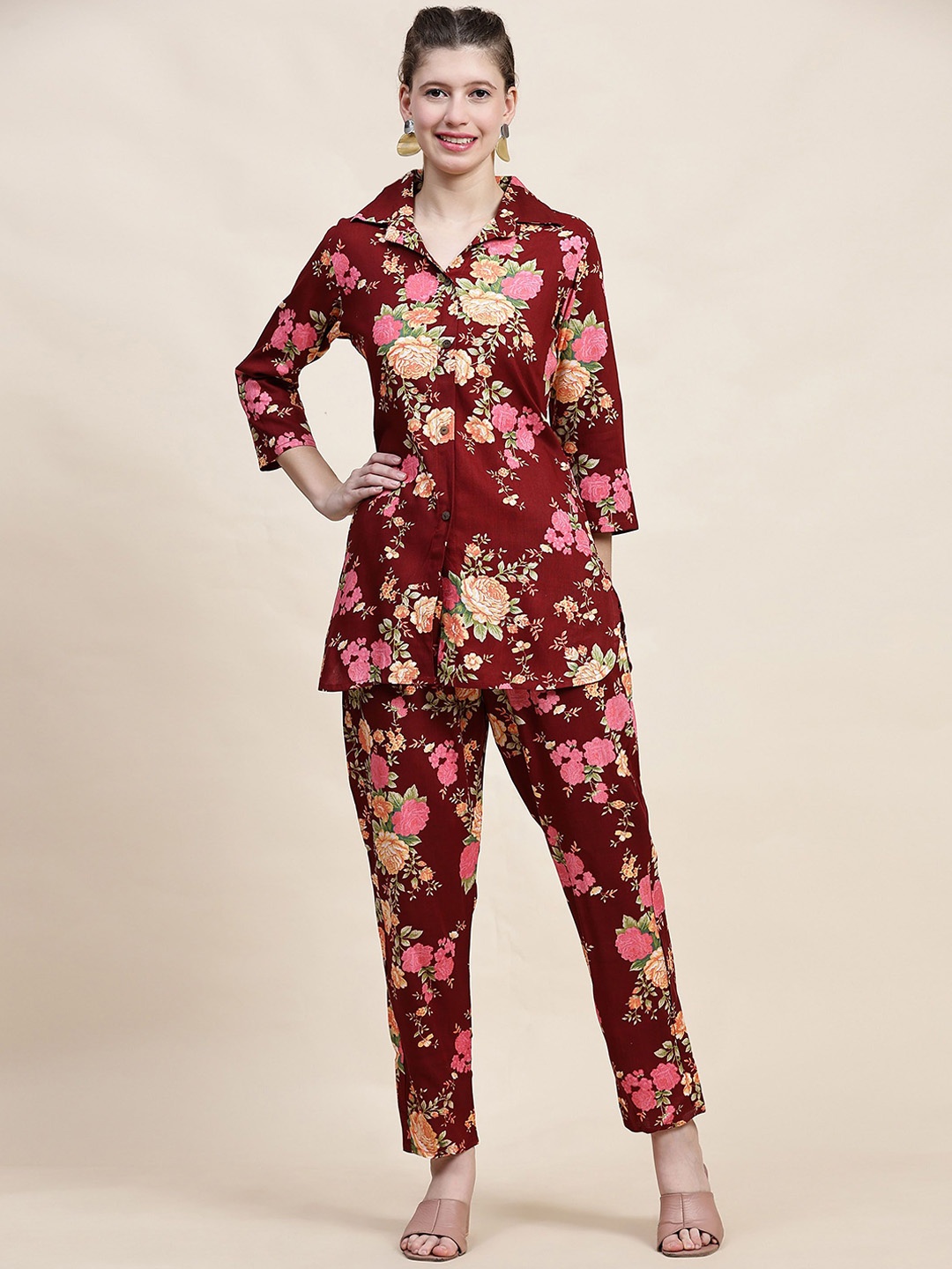

TRUVON FASHIONS Printed Shirt With Trousers Co-Ords, Maroon