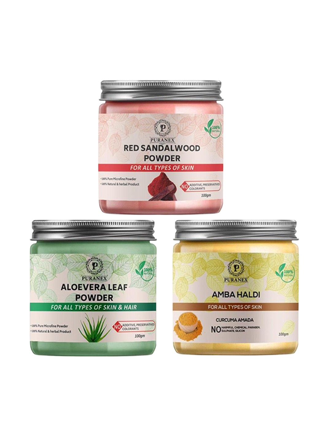 

Puranex Set Of 3 Red Sandal Wood, Aloevera & Amba Haldi Powder For Face - 100 g Each, White