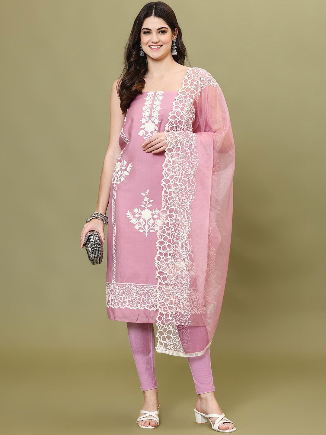 

Meena Bazaar Embroidered Art Silk Unstitched Dress Material, Pink