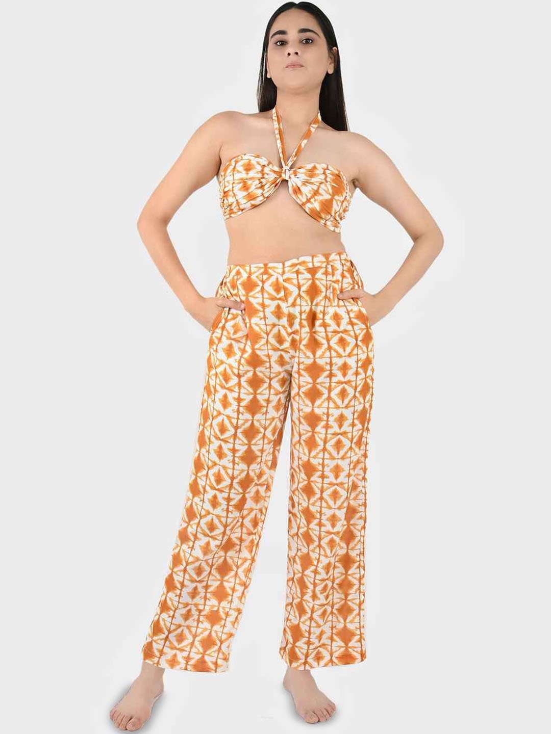 

Blissence Geometric Printed Halter Neck Top & Trouser, Mustard