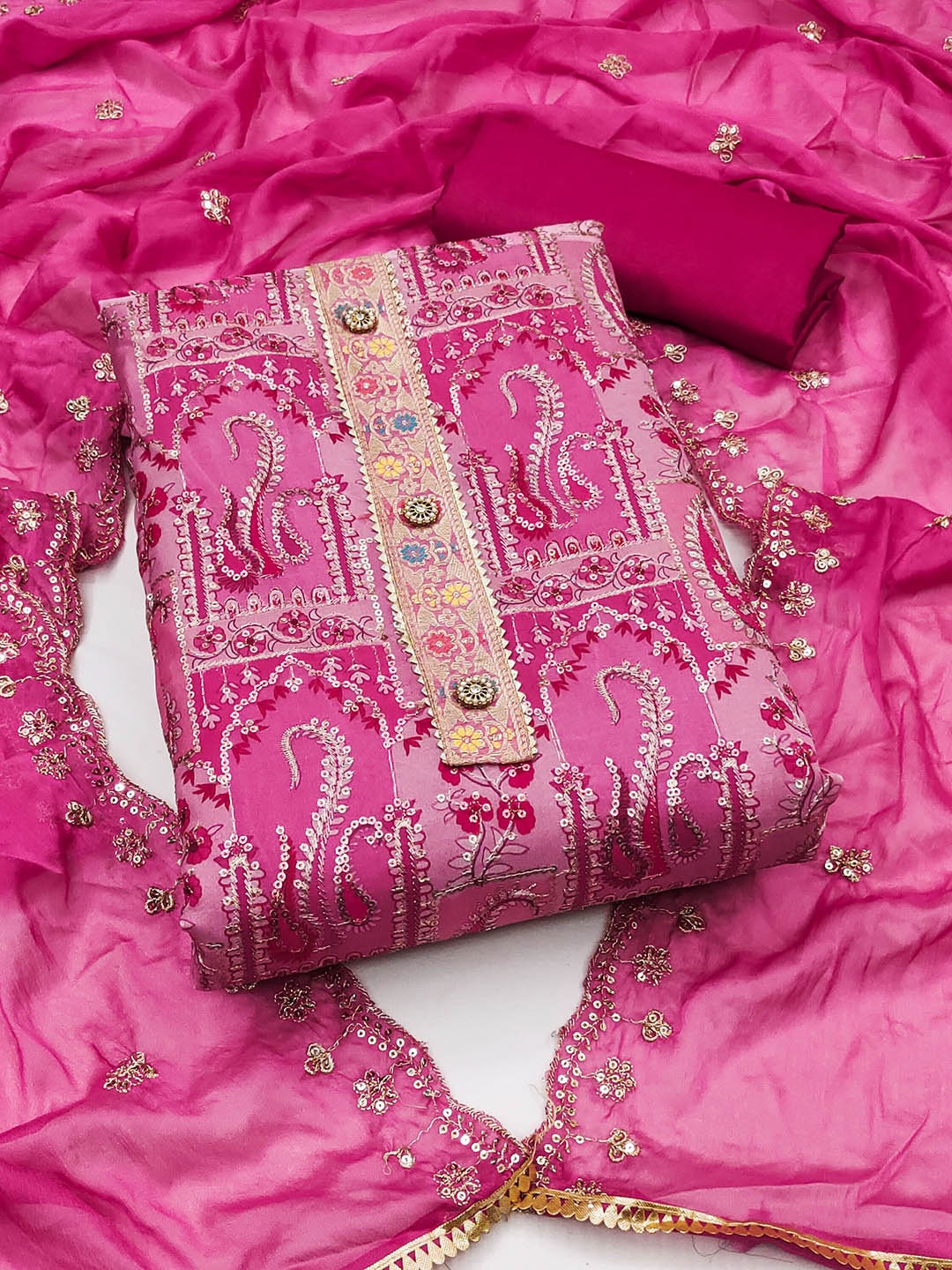 

Maroosh Ethnic Motifs Printed Sequinned Organza Unstitched Dress Material, Pink