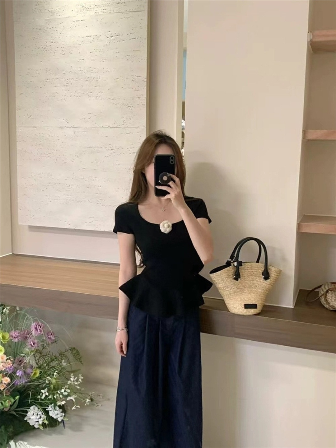 

KPOP Women Round Neck Peplum Top, Black