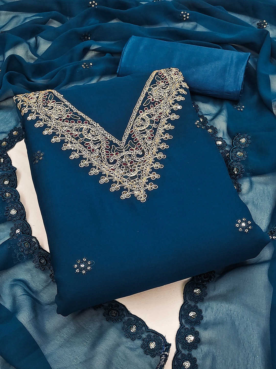 

Maroosh Embellished Unstitched Dress Material, Blue