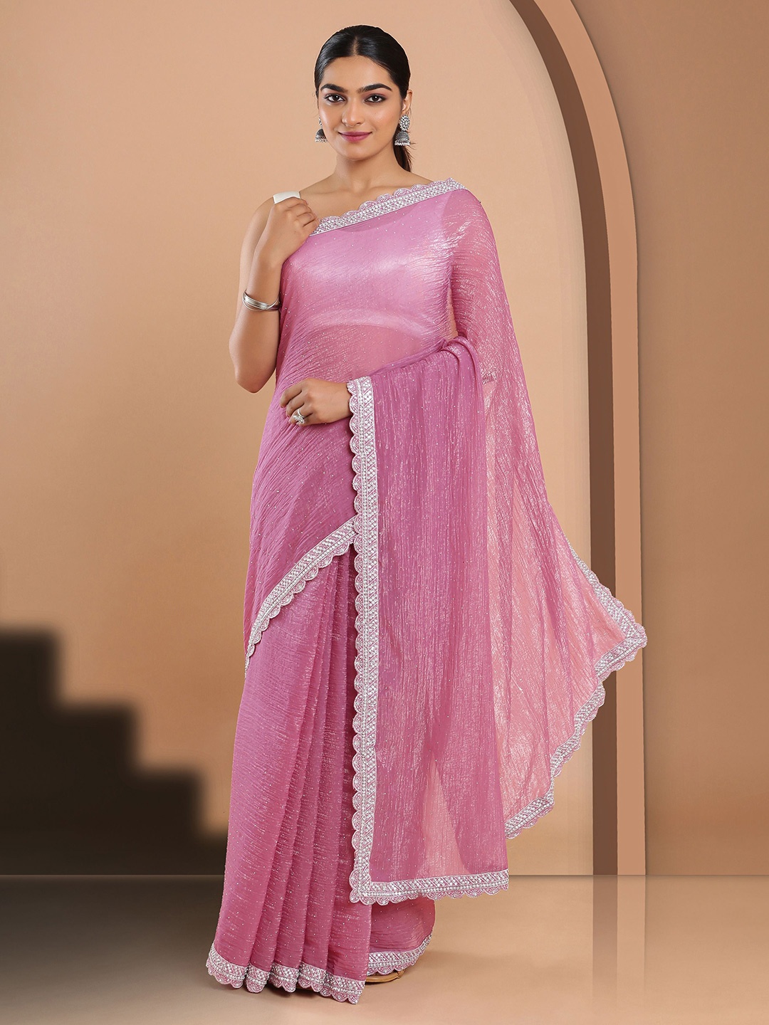 

Kalyan Silks Embellished Beads and Stones Organza Jamdani Saree, Pink