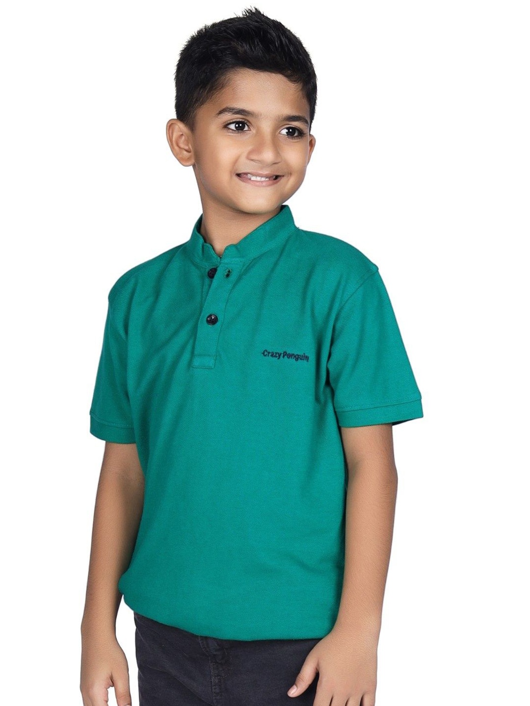 

CRAZYPENGUIN ELITE Boys Solid Mandarin Collar Cotton Relaxed Fit T-shirt, Teal