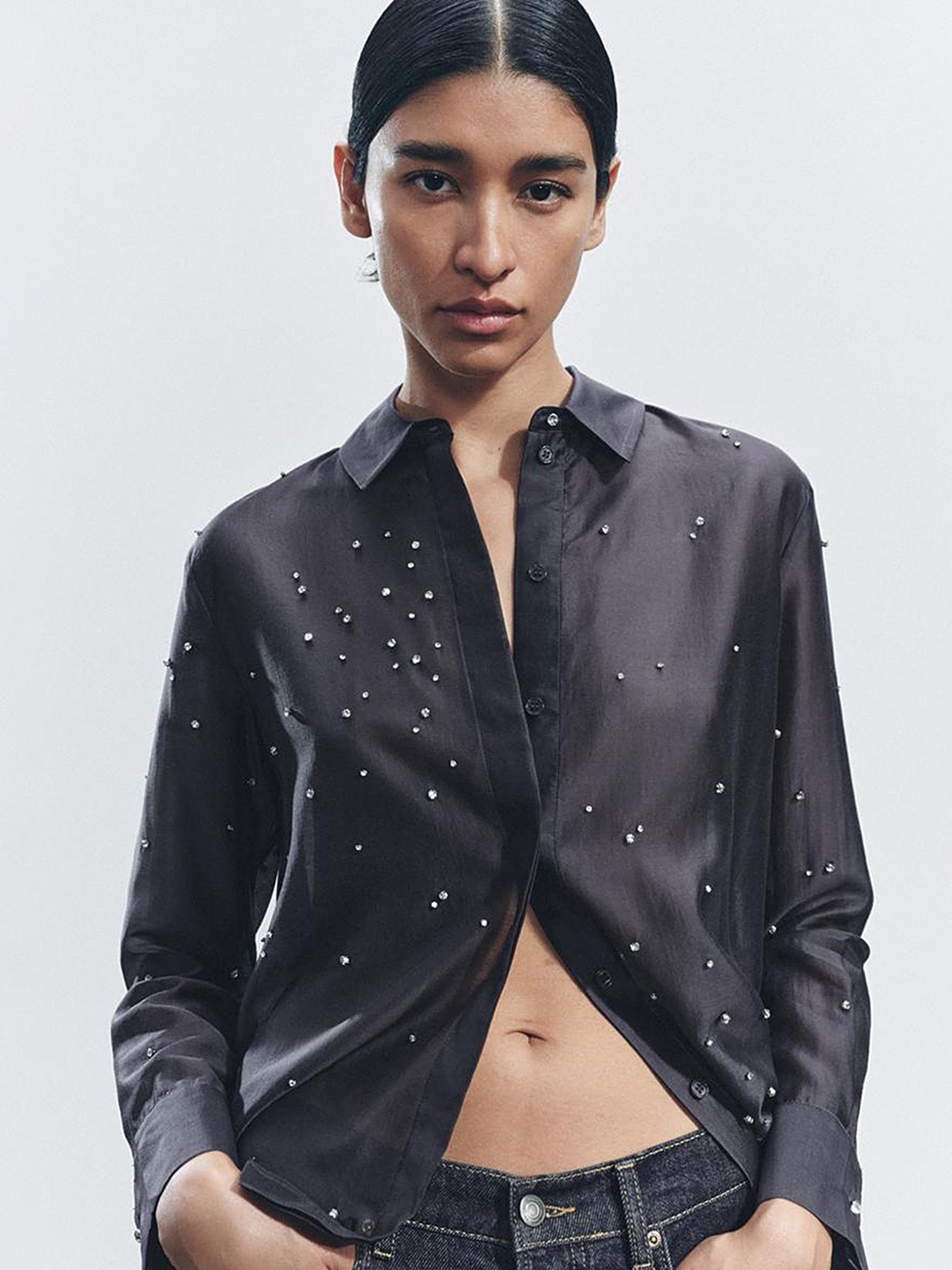 

LULU & SKY Embellished Shirt Style Top, Black