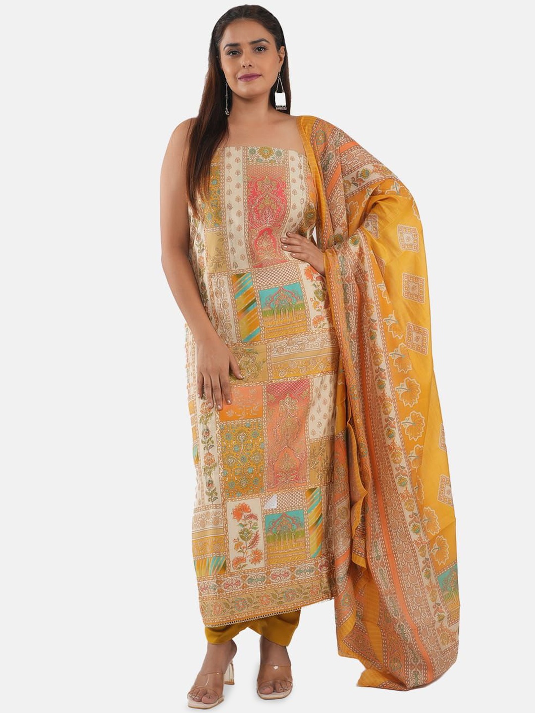 

MOZAFIA Floral Woven Design Zari Pure Silk Unstitched Dress Material, Yellow