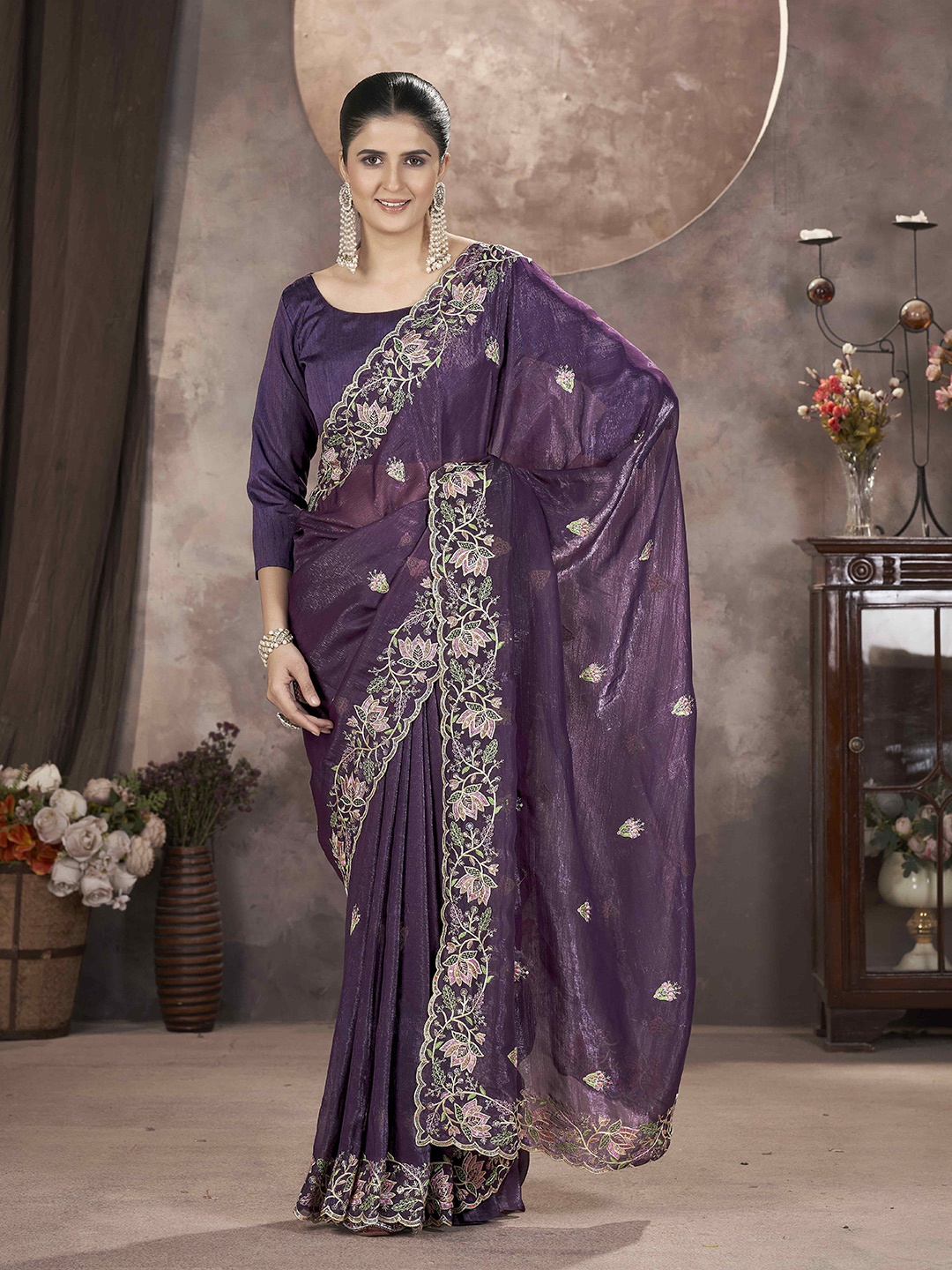 

Munir Floral Sequinned Embroidery Work Saree With Blouse Piece, Purple