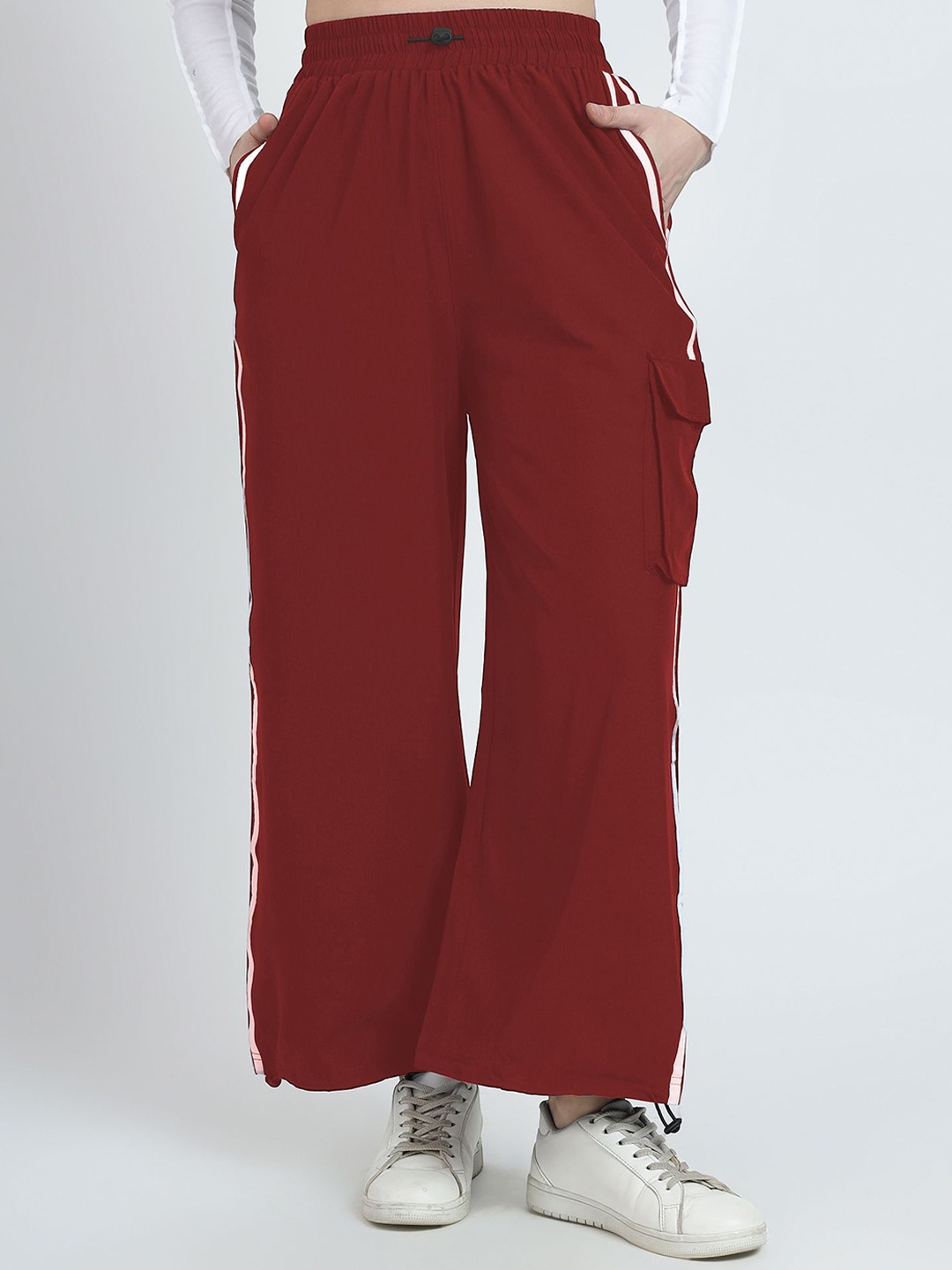 

SAAHASAM Women Striped Relaxed Loose Fit Trousers, Maroon