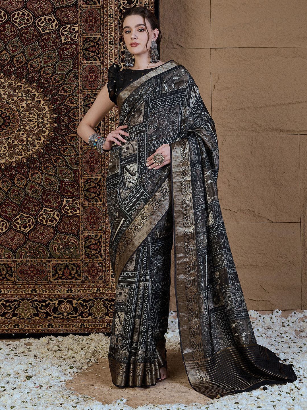 

Anouk Ethnic Motifs Zari Silk Blend Sungudi Saree, Black