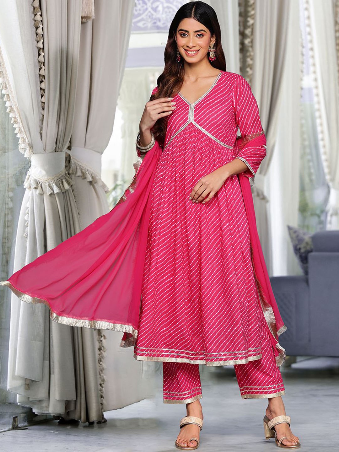 

Varanga Women Leheriya Printed Pleated Gotta Patti Pure Cotton Kurta with Trousers & With Dupatta, Fuchsia