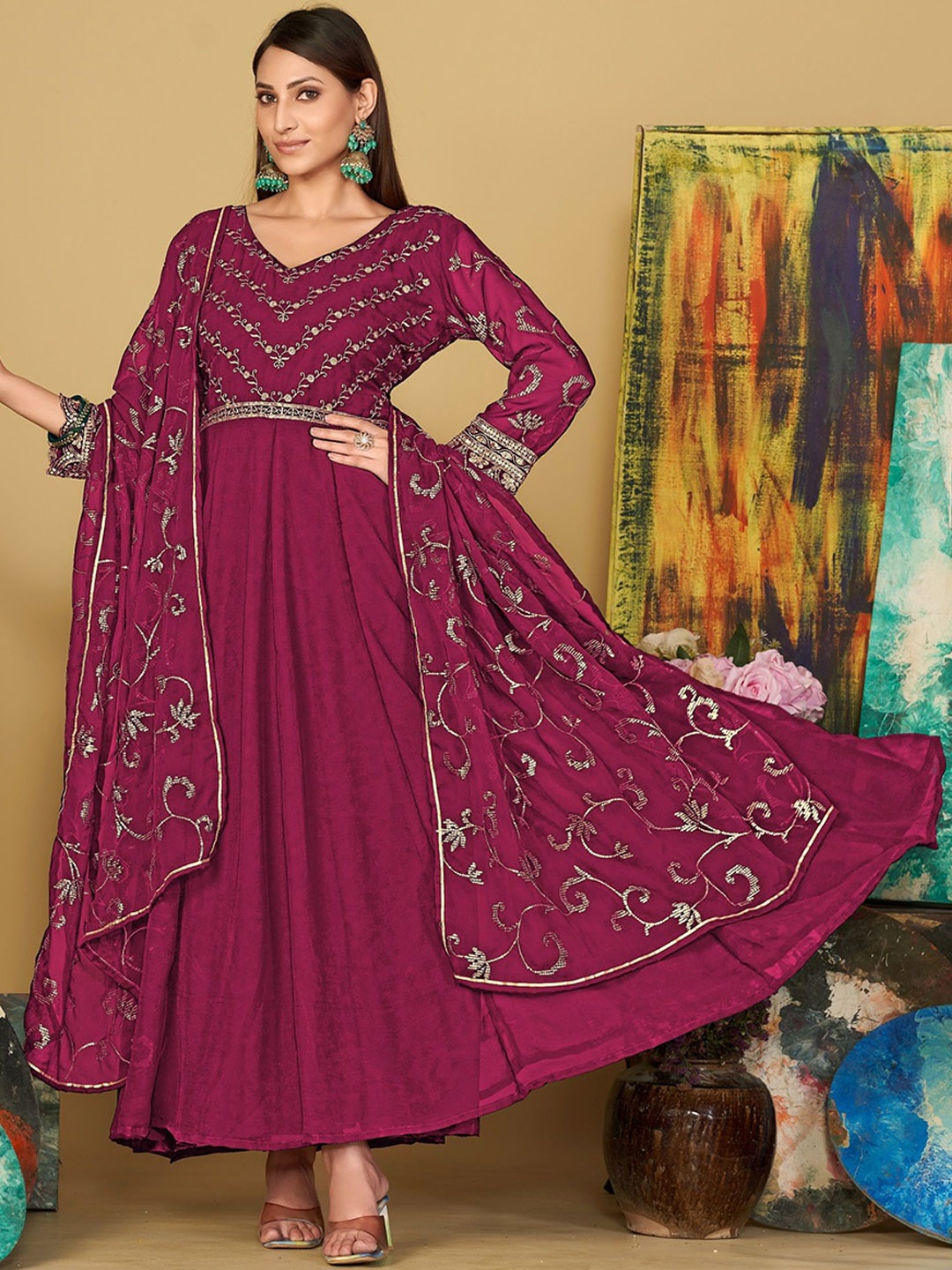 

Warthy Ent Ethnic Motifs Embroidered Zari Semi-Stitched Dress Material, Pink