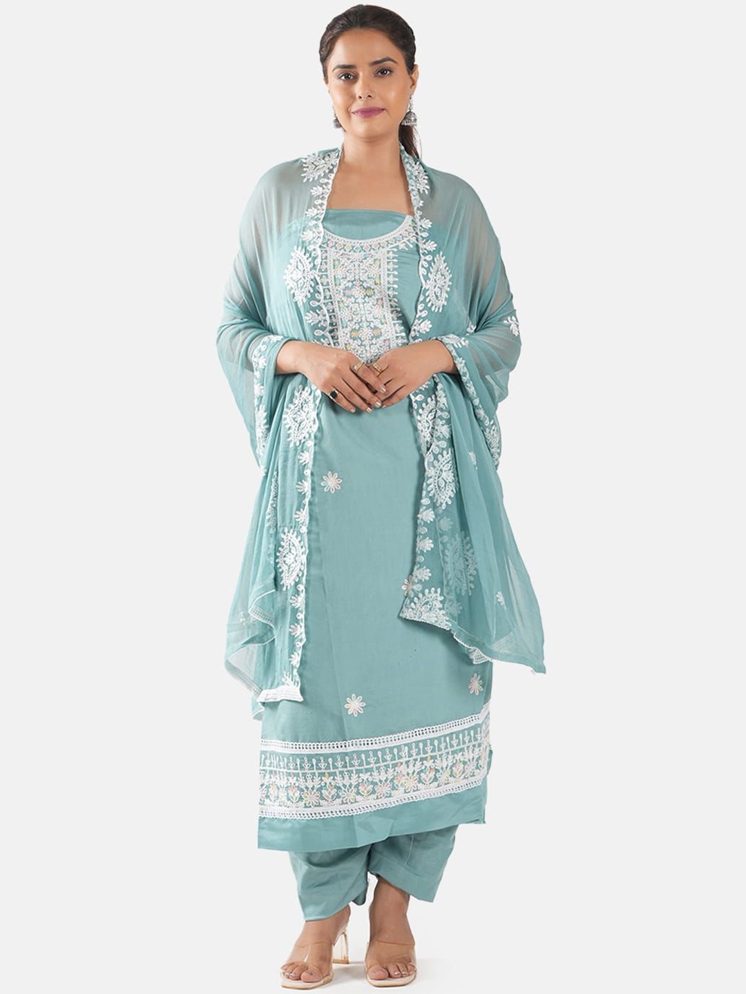 

MOZAFIA Premium Floral Embroidered Thread Work Unstitched Dress Material, Blue