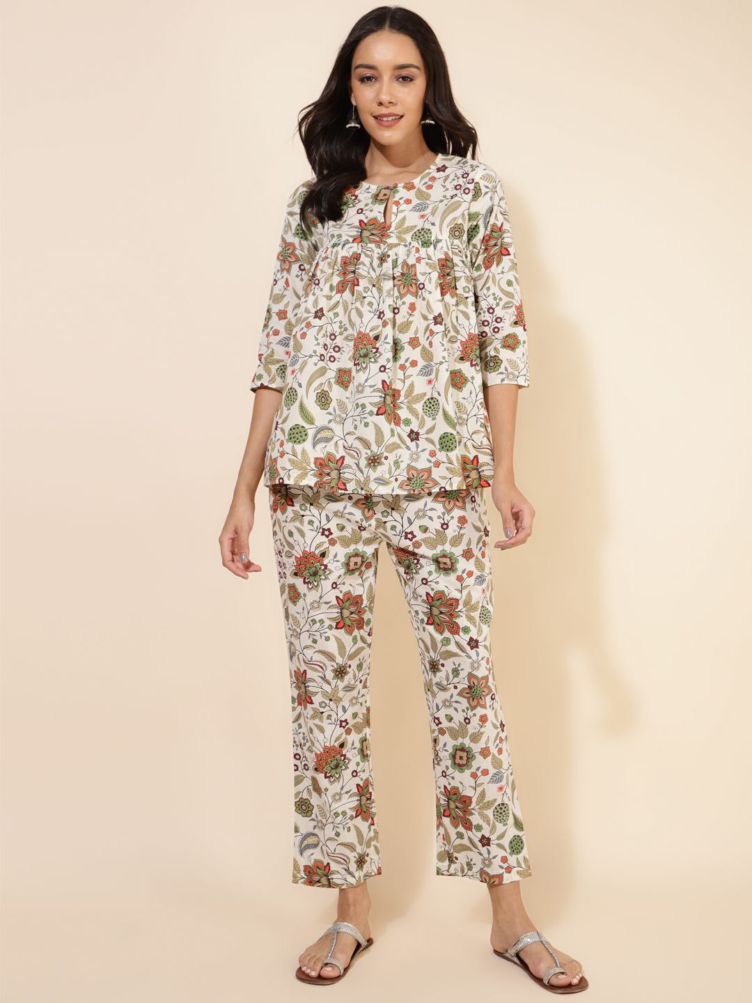 

CUSTARD Floral Printed Keyhole Neck Pleated Pure Cotton Top With Trousers, Off white