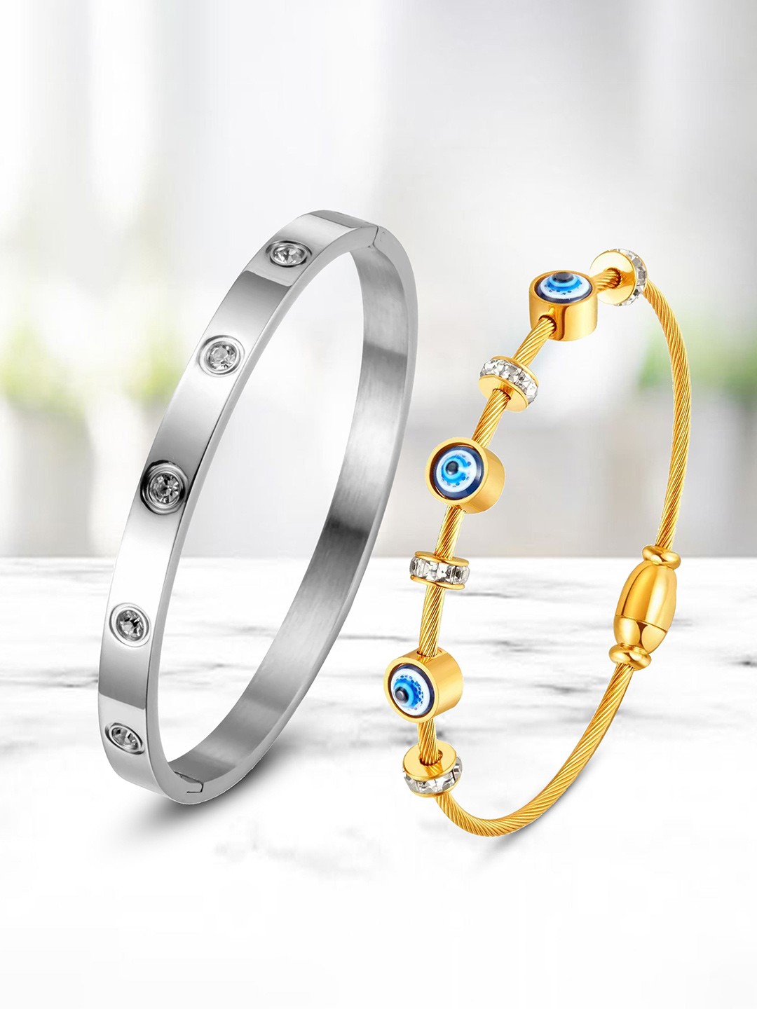 

MEENAZ Set Of 2 Silver-Plated Stainless Steel American Diamond Evil Eye Kada Bracelets