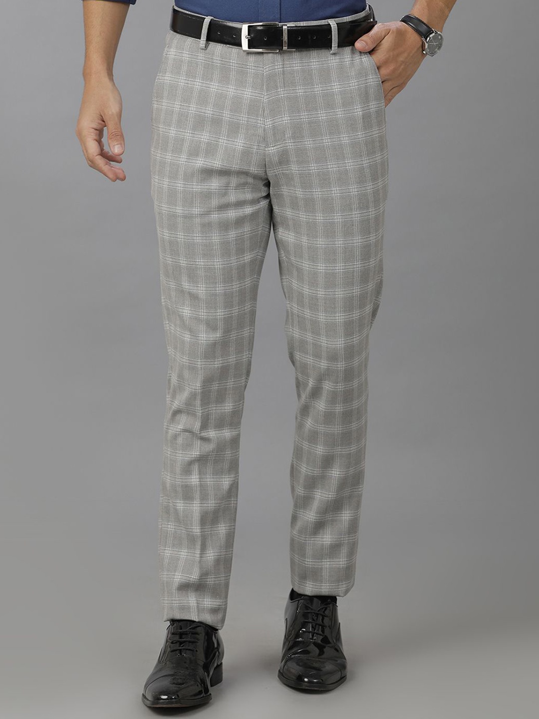 

Double Two Men Checked Slim Fit Trousers, Grey