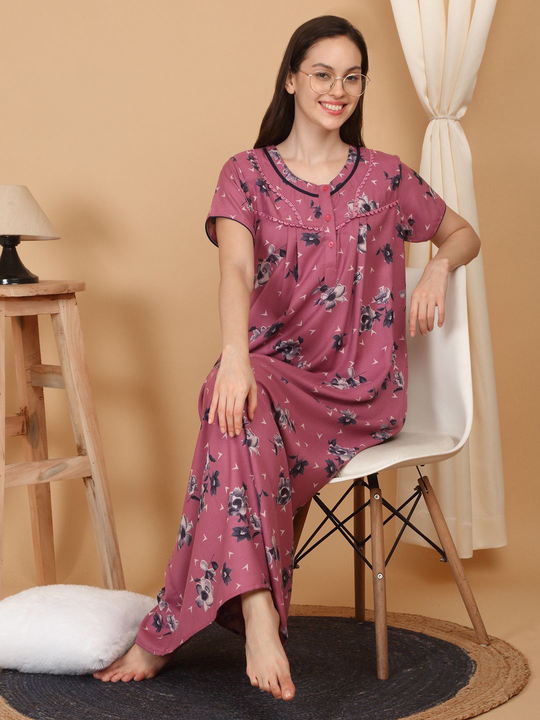 

SAANJ Printed Maxi Nightdress, Rose