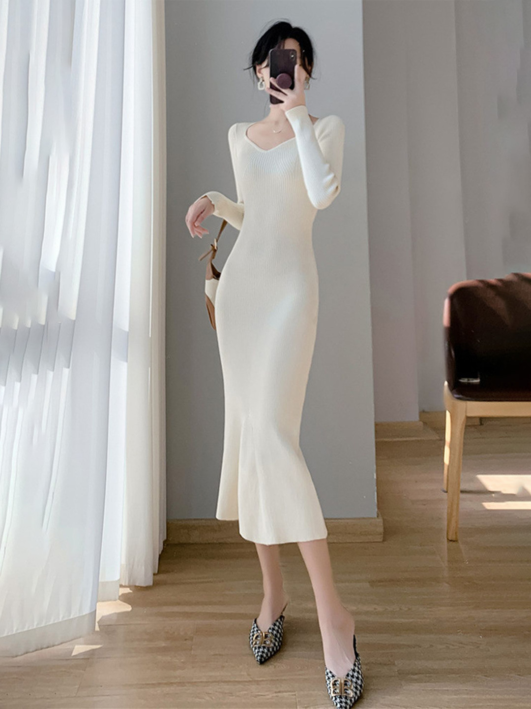 

LULU & SKY Bell Sleeve Bodycon Midi Dress, Beige
