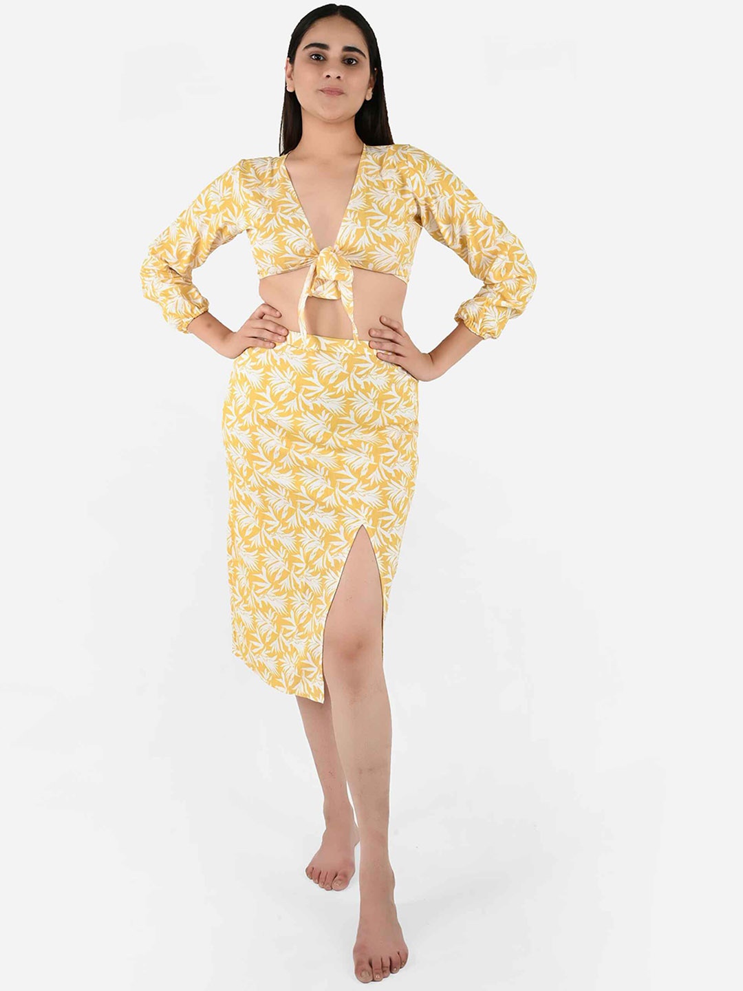 

Blissence Printed Top & Skirt Swimwear Cover up Set, Yellow
