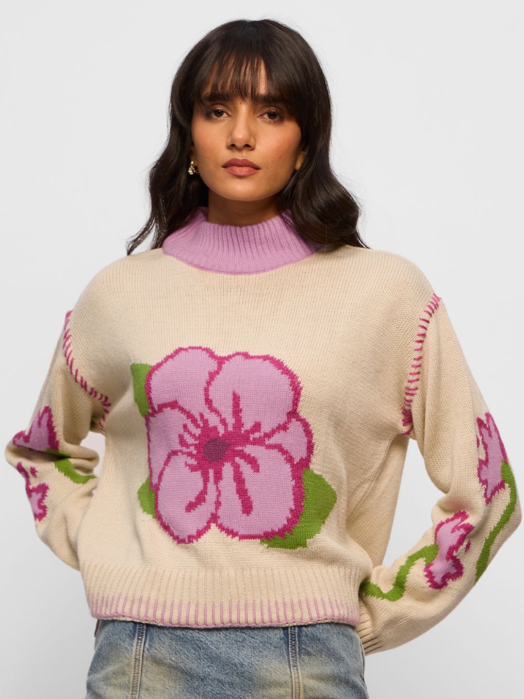 

The Souled Store Women Floral Printed Pullover with Embroidered Detail, Cream