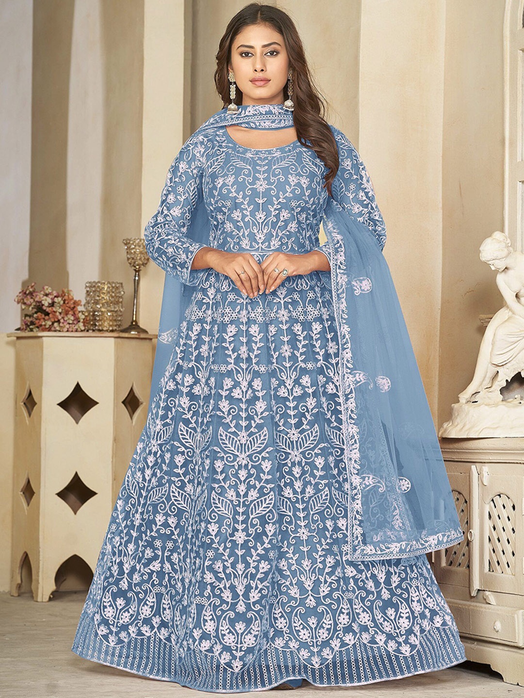 

Warthy Ent Floral Embroidered Semi-Stitched Dress Material, Blue
