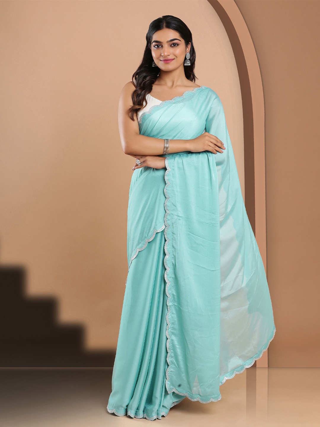 

Kalyan Silks Beads and Stones Poly Georgette Saree, Turquoise blue