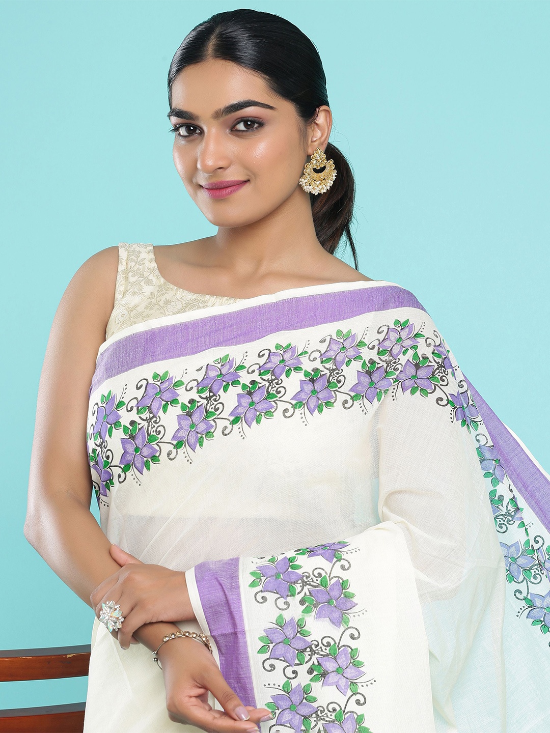 

Kalyan Silks Floral Block Print Saree, Cream