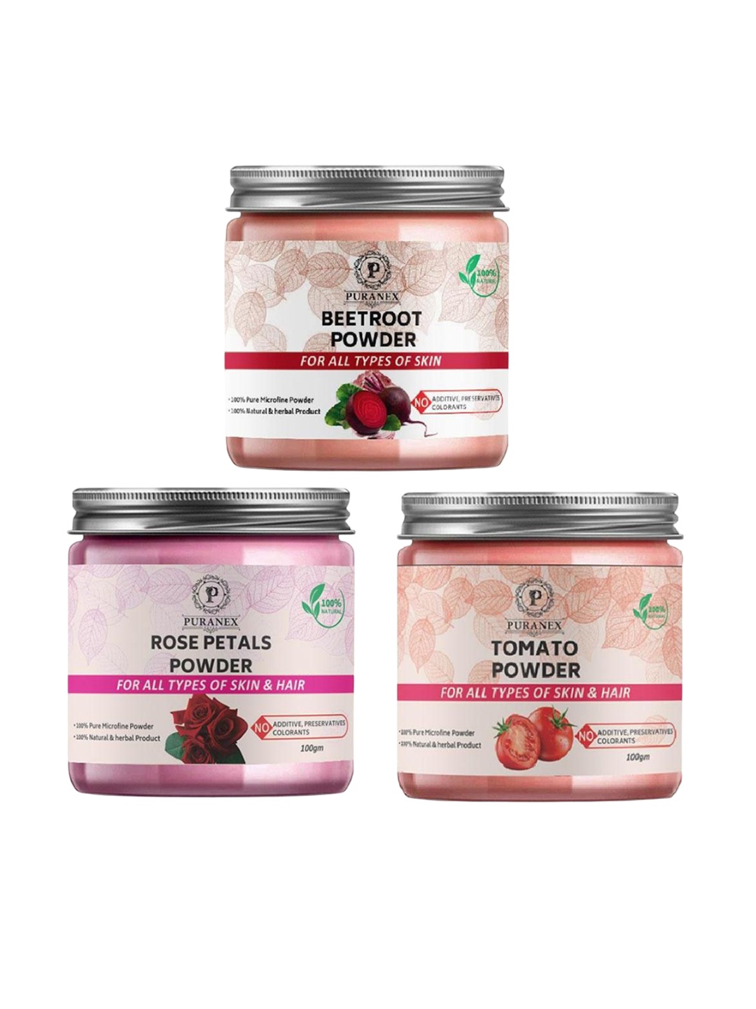 

Puranex Set Of 3 Beet Root, Rose Petals & Tomato Powder - 100 gm Each, White