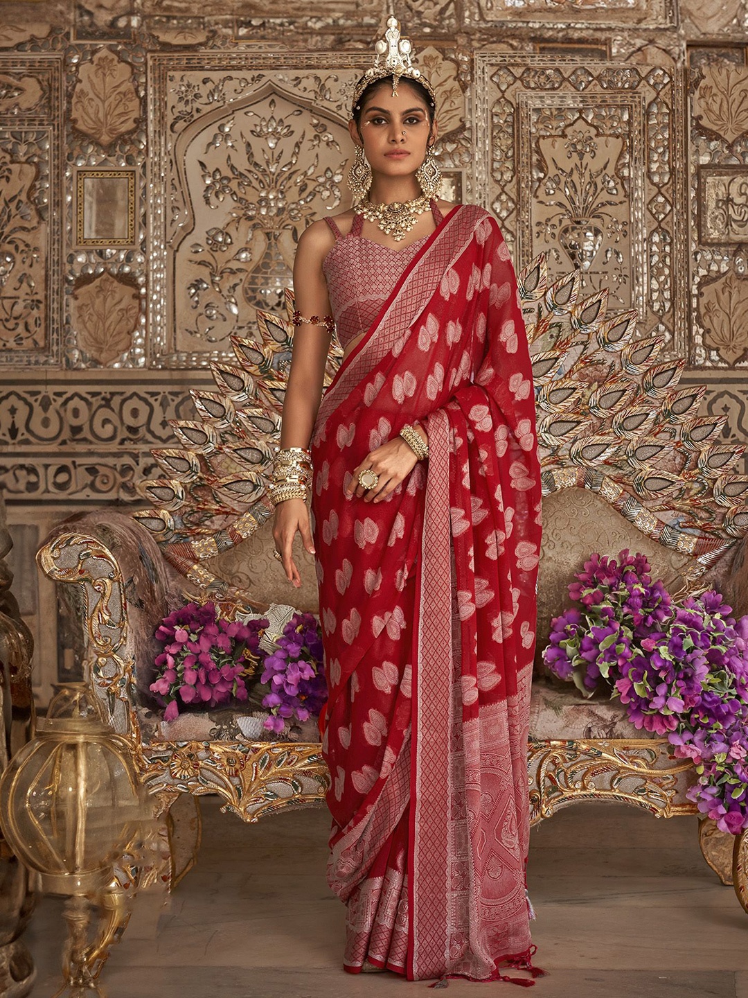 

elora Ethnic Motifs Zari Pure Georgette Designer Banarasi Saree, Red