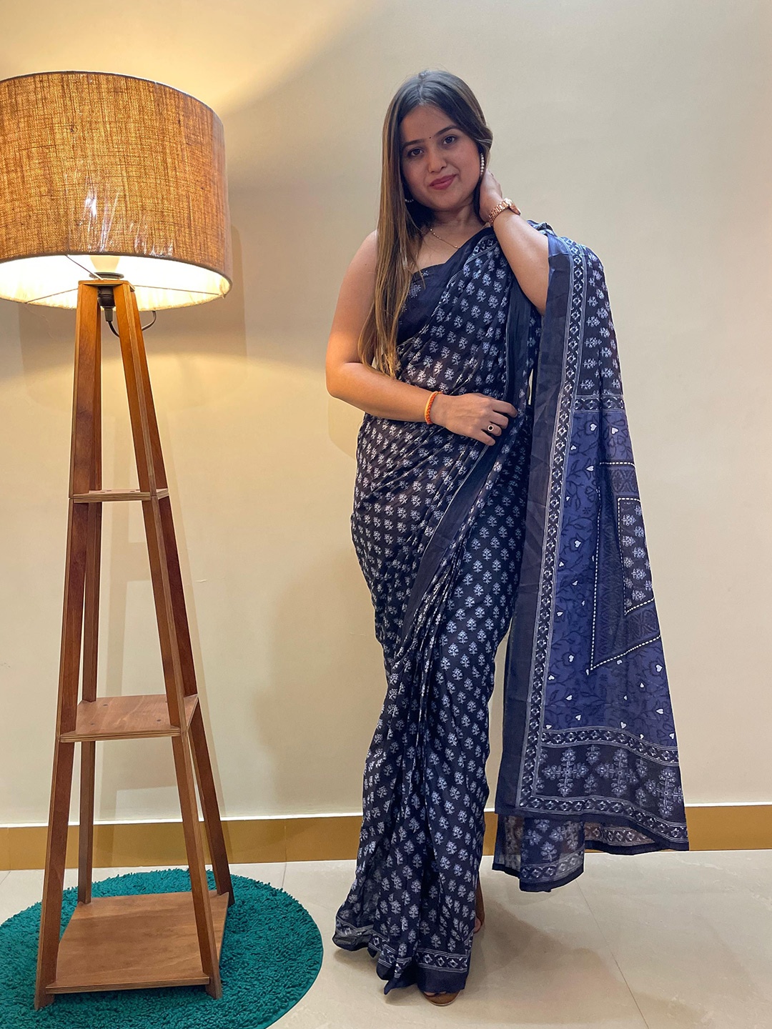 

HERE&NOW Ethnic Motifs Printed Pure Cotton Bagru Saree, Navy blue