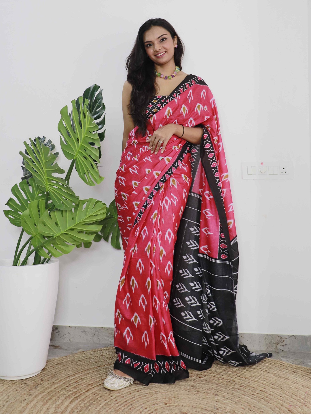 

HERE&NOW Pure Cotton Bagru Saree, Pink